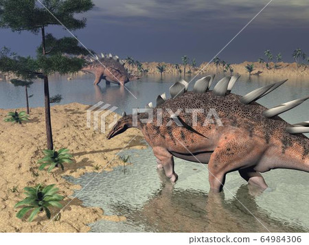 Kentrosaurus dinosaurs in the desert - 3D render Kentrosaurus dinosaurs in the desert - 3D render 64984306