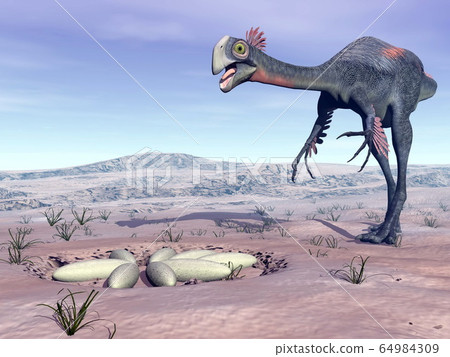 Female gigantoraptor going to its nest - 3D render 64984309