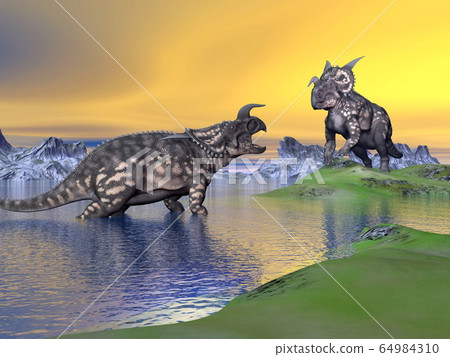 Einiosaurus dinosaurs by sunset - 3D render 64984310