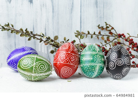 Easter eggs decorated with wax resist technique 64984981