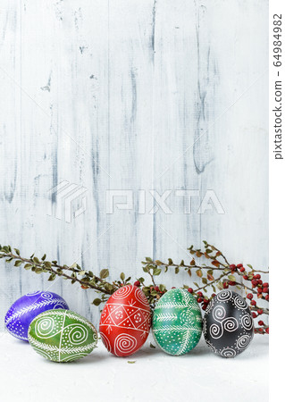 Easter eggs decorated with wax resist technique 64984982