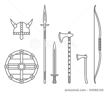Viking weapons - old medieval shield, helmet, hatchet, sword, ax, axe, bow, spear. Set of warrior equipment. 64986108