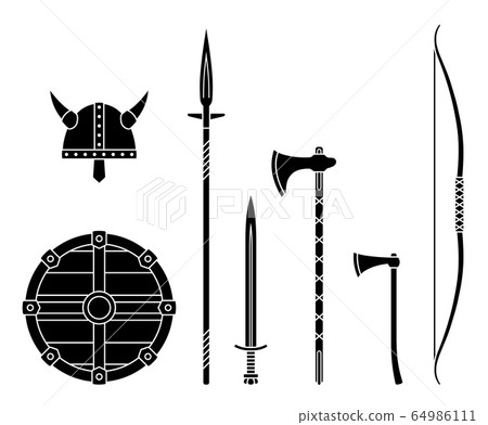 Viking weapons - old medieval shield, helmet, hatchet, sword, ax, axe, bow, spear. Set of warrior equipment. 64986111