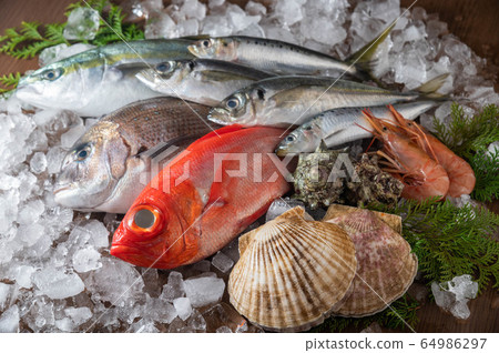 japanese fresh fishes and crustacean on ice. 64986297