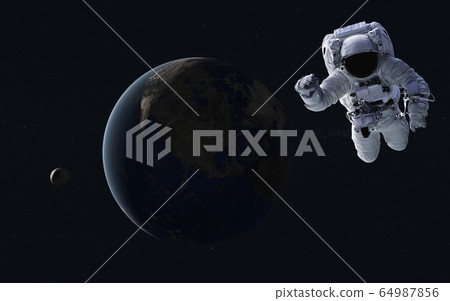 Astronaut near night Earth and moon in outer space Astronaut near night Earth and moon in outer space 64987856