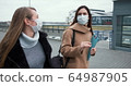 Social activism during coronavirus crisis. Two Caucasian female doctors walk on empty city street in medical face masks. 64987905