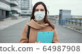 Epidemic control worker. Portrait of Caucasian social care woman in medical face mask in empty street during quarantine. 64987908