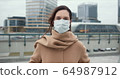 COVID-19 epidemic protection, danger and fear atmosphere. Portrait of beautiful Caucasian woman putting mask on outside. 64987912