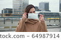 COVID-19 epidemic protection, danger and fear atmosphere. Portrait of beautiful Caucasian woman putting mask on outside. 64987914