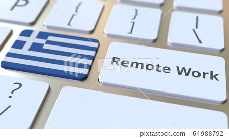 Remote Work text and flag of Greece on the computer keyboard. Telecommuting or telework related conceptual 3D rendering 64988792