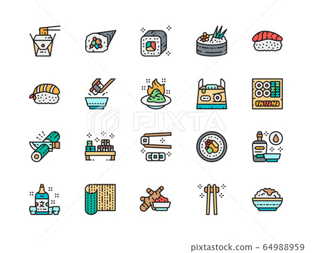 Set of Japanese Food Color Line Icons. Ginger, Temaki, Wasabi, Sake and more. 64988959