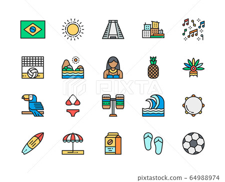 Set of Brazilian Culture Flat Color Icons. Toucan, Surfboard, Soccer and more. Set of Brazilian Culture Flat Color Icons. Toucan, Surfboard, Soccer and more. 64988974