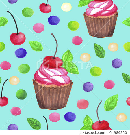 pattern of watercolor colored dots cupcake with cherry 64989230