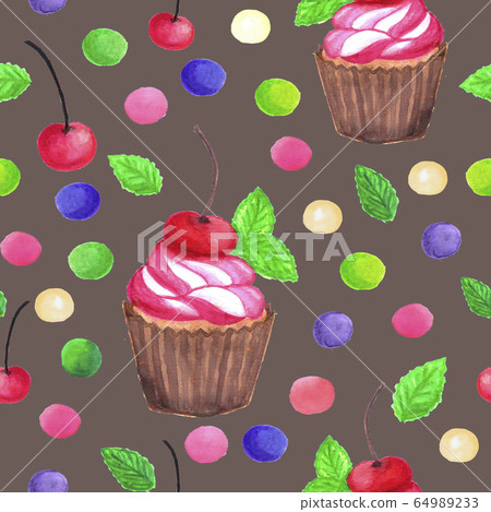 pattern of watercolor colored dots cupcake with cherry 64989233