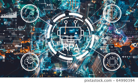 Robotic process automation concept with aerial view of Tokyo at night Robotic process automation concept with aerial view of Tokyo at night 64990394