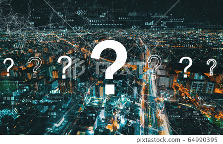 Question marks with night cityscape Question marks with night cityscape 64990395