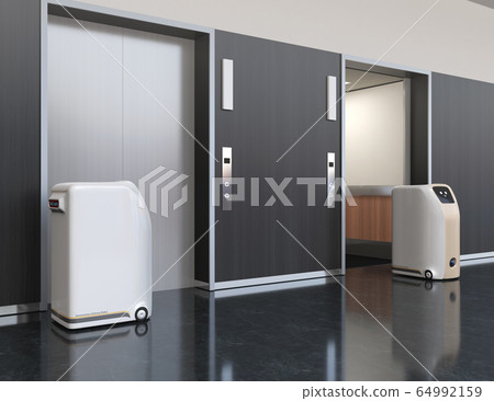 An image of an unmanned transfer robot that emerges from an elevator. In-house unattended delivery concept 64992159