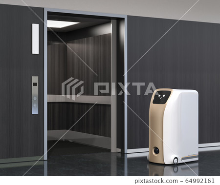 進入電梯的無人搬運機器人的圖像。內部無人值守交付概念 64992161