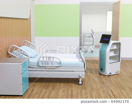 將藥品和样品運送到醫院的無人搬運機器人的圖像。預防醫院感染的無人值守運輸概念 64992170