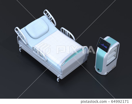 一個無人的轉移機器人的圖像醫院的黑背景的。預防醫院感染的無人值守運輸概念 64992171