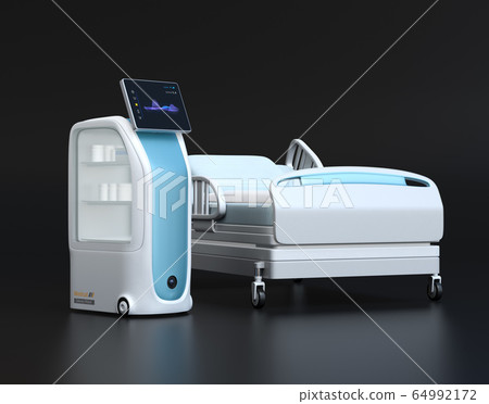 一個無人的轉移機器人的圖像醫院的黑背景的。預防醫院感染的無人值守運輸概念 64992172