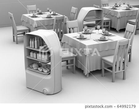 A clay rendering image of the transfer robot serving the restaurant hall. Unmanned transportation service concept A clay rendering image of the transfer robot serving the restaurant hall. Unmanned transportation service concept 64992179