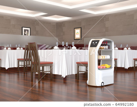 A transfer robot serving in the restaurant hall. Labor-saving unmanned transportation service concept 64992180