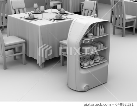 服務餐廳大廳的轉移機器人的粘土渲染圖像。無人運輸服務理念 64992181