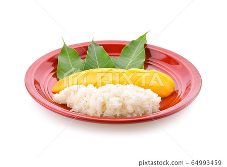 Mango Sticky Rice in red plate on white background 64993459