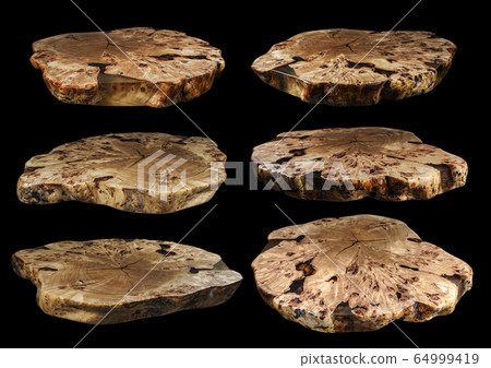 Six solid elm countertop. Wood surface cross section of elm tree. Live slab. Isolated on a black. Woodworking, carpentry production. Furniture manufacture. Wooden table with epoxy resin filling. 64999419