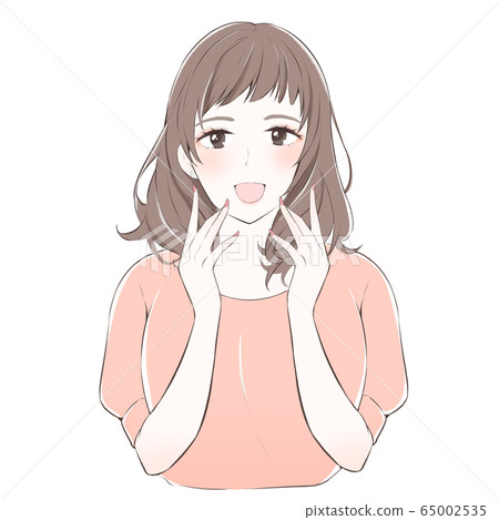 Smiling woman with both hands Smiling woman with both hands 65002535