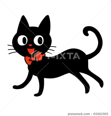 Illustration of a black cat with a red ribbon 65002905