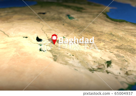 Baghdad, Iraq city geotag with face mask, COVID-19 coronavirus disease self-isolation related 3D rendering 65004937