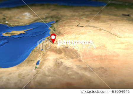 Damascus, Syria city geotag with face mask, COVID-19 coronavirus disease quarantine related 3D rendering 65004941