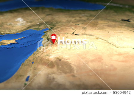 Homs, Syria geotag with face mask, coronavirus disease self-isolation related 3D rendering 65004942