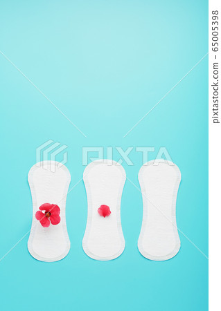 Sanitary pads in a row with a red flower on a blue 65005398