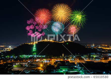 Phra Nakorn Kiri firework festival at night in Phetchaburi, Thailand. 65010580