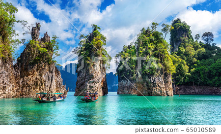 Beautiful mountains in Ratchaprapha Dam at Khao Sok National Park, Surat Thani Province, Thailand. 65010589
