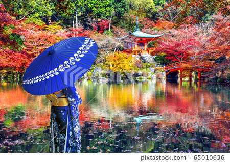 Asian woman wearing japanese traditional kimono in Daigoji temple, Kyoto. Japan autumn seasons. 65010636