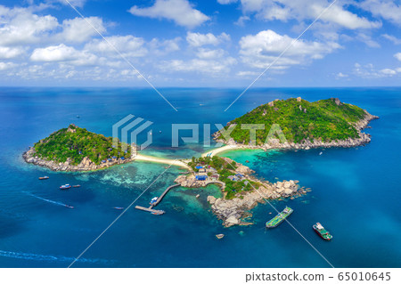 Aerial view of Koh NangYuan island in Surat Thani, Thailand. 65010645
