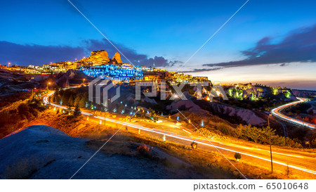 Uchisar Castle at night in Cappadocia, Turkey. 65010648