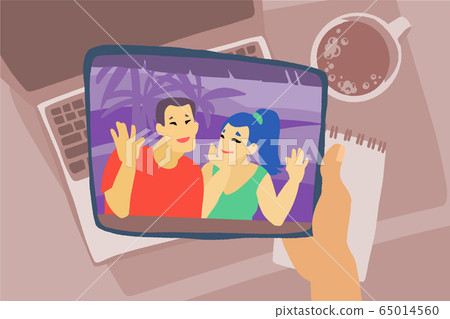 Hand with tab and workspace background. Chatting with friends or family online. Hand with tab and workspace background. Chatting with friends or family online. 65014560