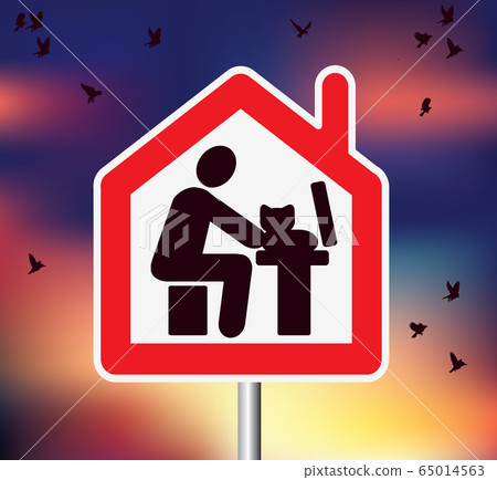 Road sign on sky with birds remote work from home computer 65014563