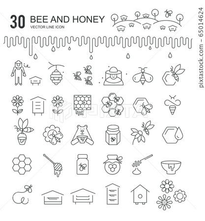 Bee and honey vector thinline icons set Bee and honey vector thinline icons set 65014624