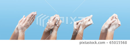 Millennial girl showing steps of effective handwashing on blue background, collage. Panorama 65015568