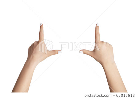 Female hands making frame gesture on white background, closeup. Copy space Female hands making frame gesture on white background, closeup. Copy space 65015618