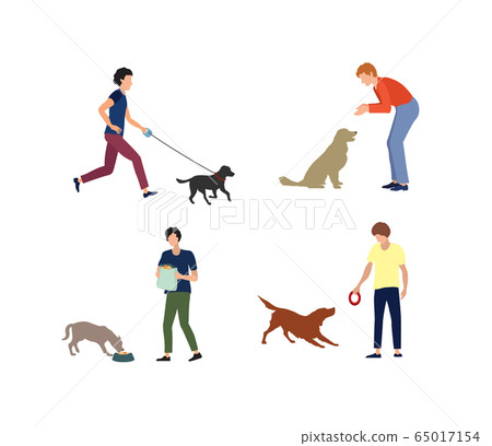 Set of people with dogs. Dog and person. Puppy day care - feeding, walking, playing with puppy. 65017154