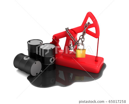 Locked Red Pumpjack, Barrels And Spilled Oil On White Background Locked Red Pumpjack, Barrels And Spilled Oil On White Background 65017258