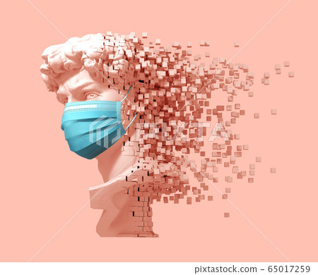 Disintegrating Head Of David In Medical Mask On Pink Background Disintegrating Head Of David In Medical Mask On Pink Background 65017259