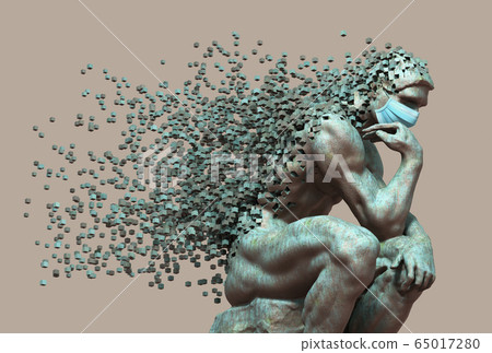 Cooper Thinker In Medical Mask Desintegrated Into 3D Pixels Cooper Thinker In Medical Mask Desintegrated Into 3D Pixels 65017280